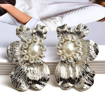 Flower-Shaped Metal Simulated Pearl Drop Earrings - SunsetFashionLA
